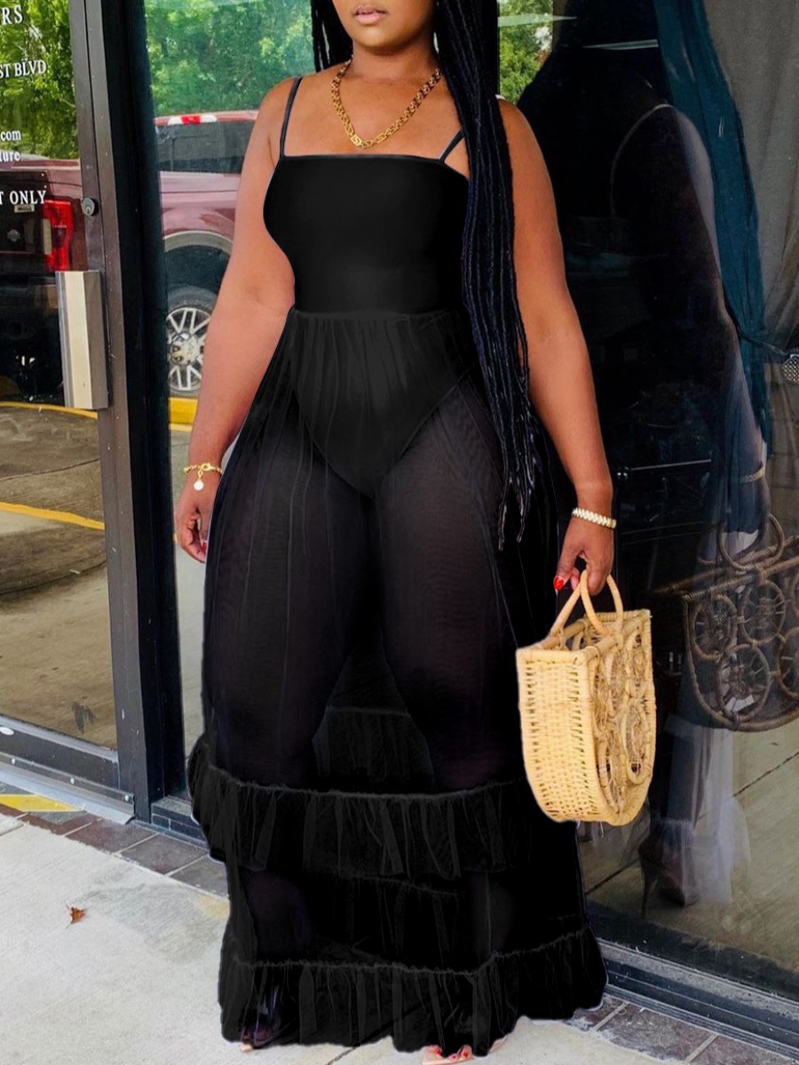 

LW Trendy Spaghetti Strap Fold Design Black Maxi Dress