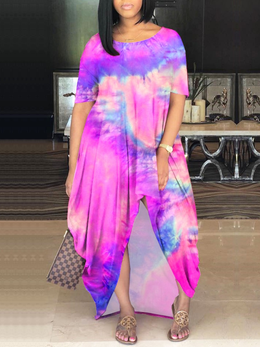 

Lovely Casual O Neck Tie-dye Light Pink Maxi Plus Size Dress