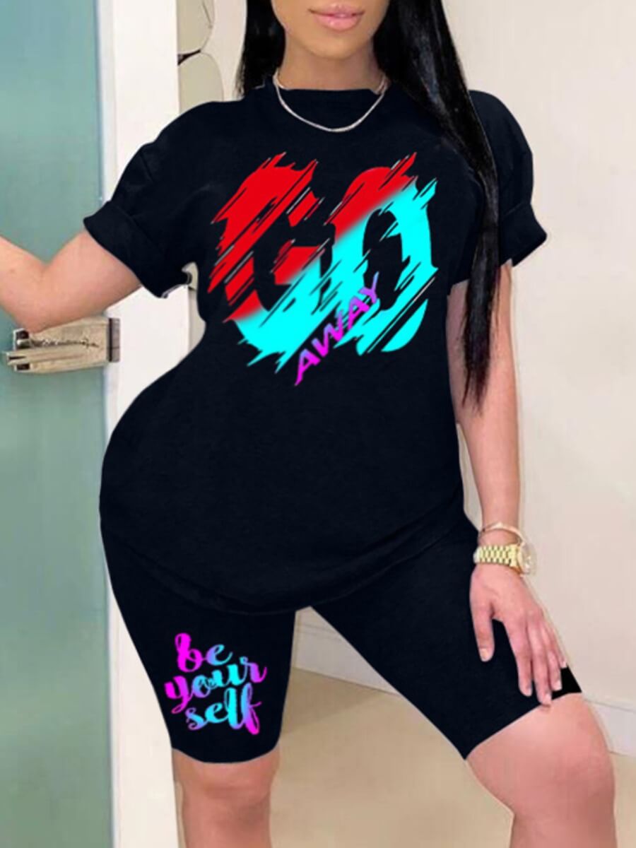 

LW Plus Size Sportswear O Neck Letter Print Black Two-piece Shorts Set