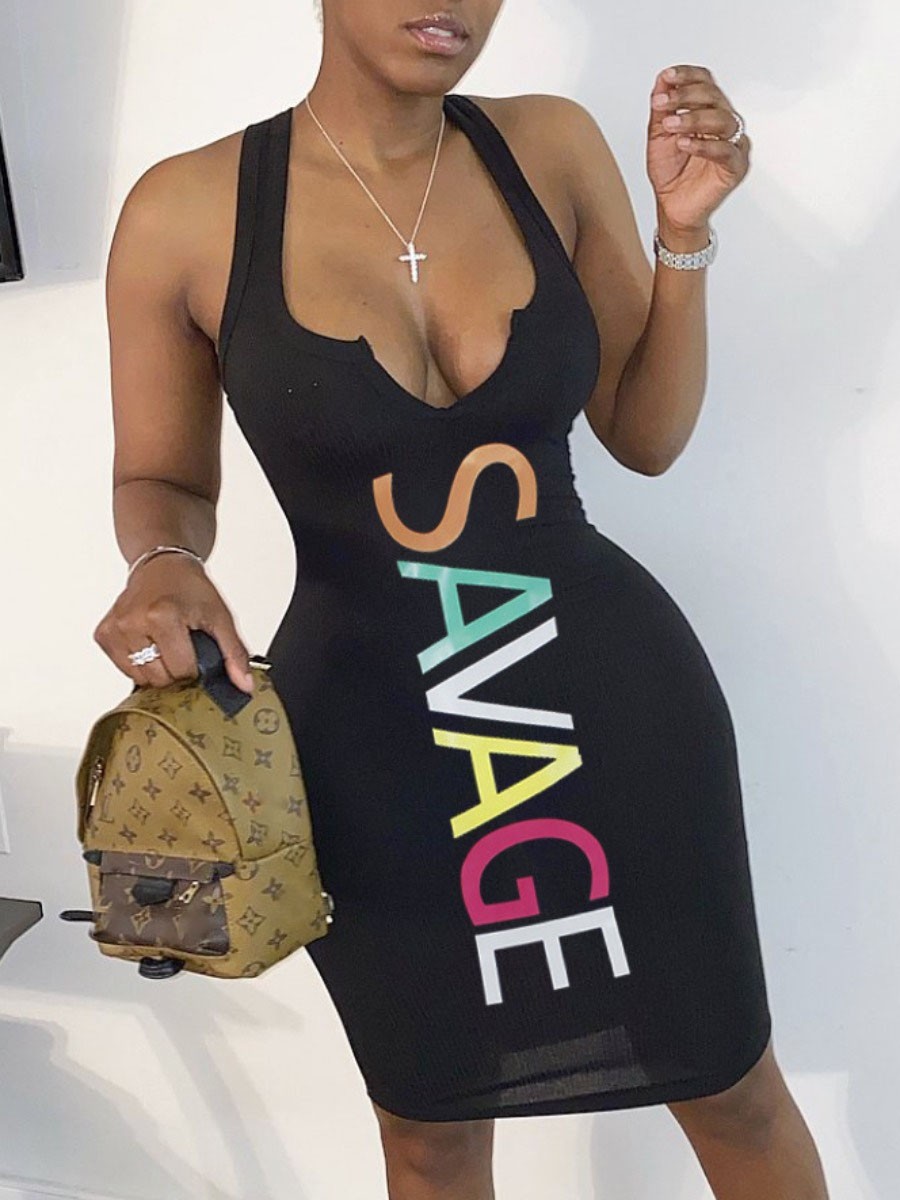

lovely Casual Letter Print Black Knee Length Dress