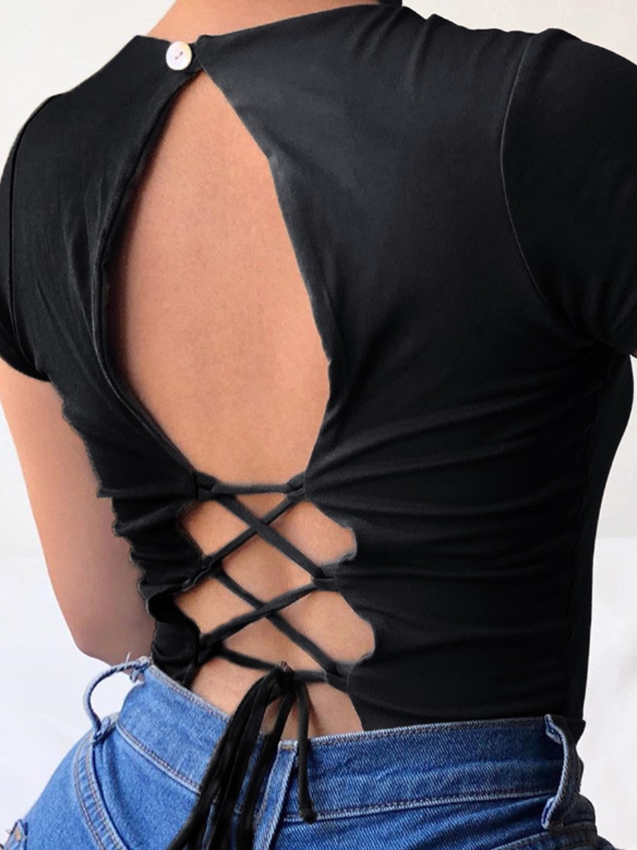 

lovely Leisure O Neck Bandage Design Black T-shirt