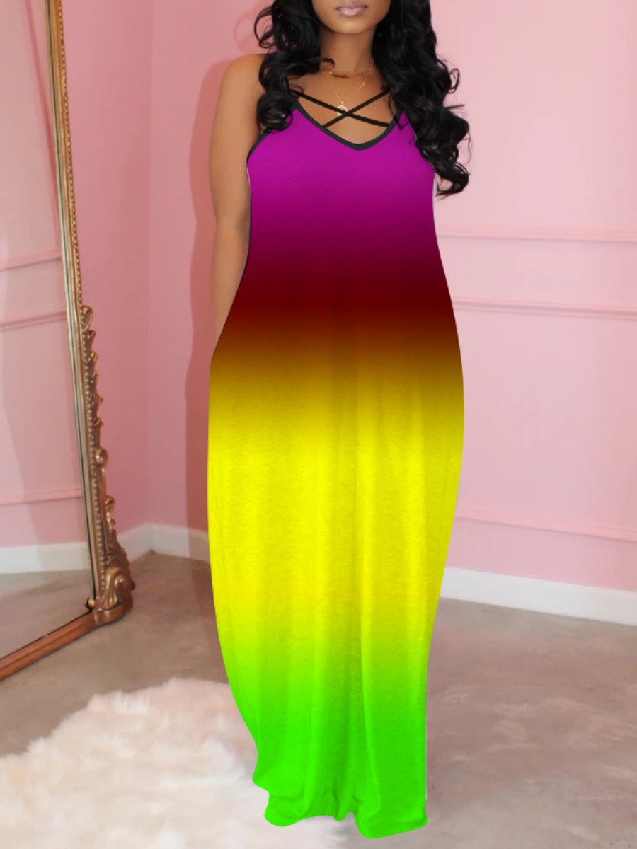 

lovely Trendy Spaghetti Strap Tie-dye Yellow Maxi Dress