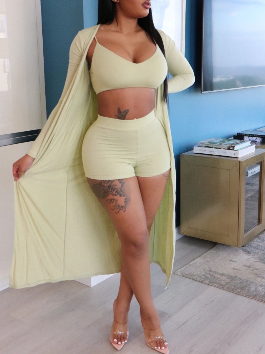 

lovely Leisure Basic Skinny Apricot Three Piece Shorts Set