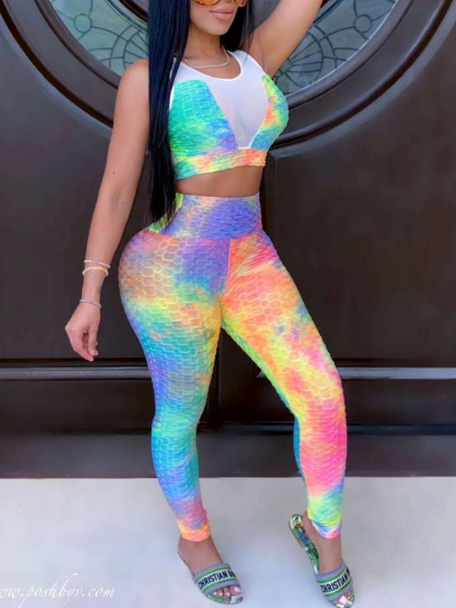 

lovely Leisure O Neck Tie Dye Patchwork Multicolor Two Piece Pants Set, Multi