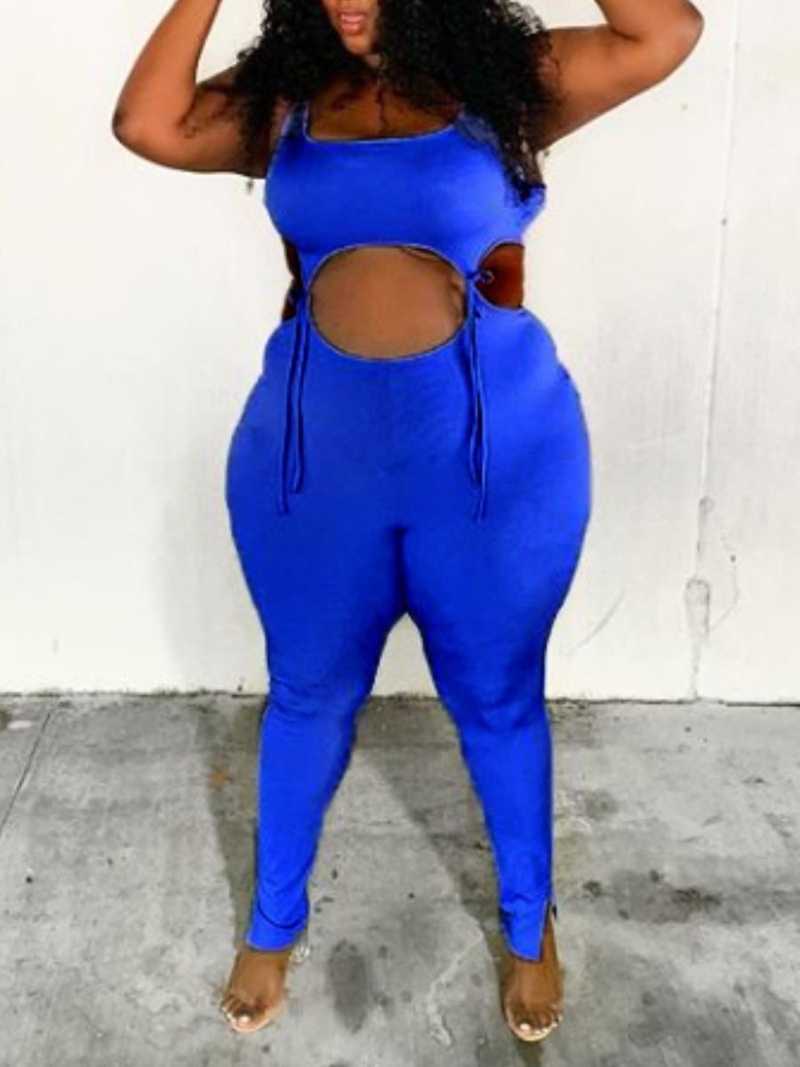 

lovely Trendy Spaghetti Strap Lace-up Blue Plus Size One-piece Jumpsuit