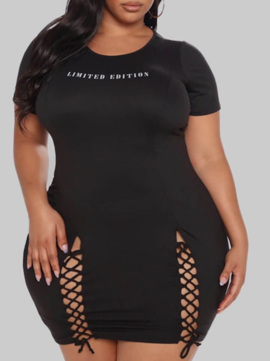 

LW SXY Plus Size O Neck Letter Bandage Design Black Mini Dress