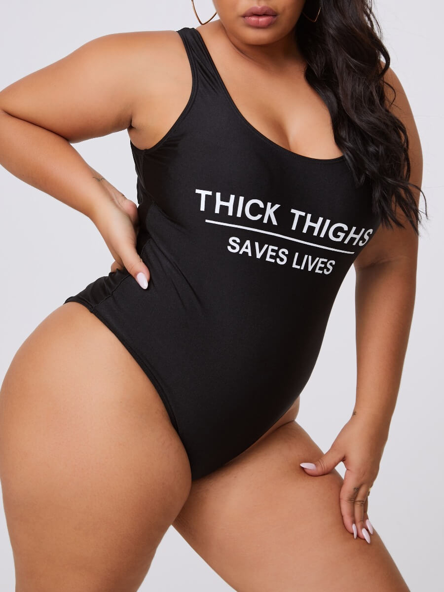 

LW Plus Size Letter Print Black One-piece Swimsuit