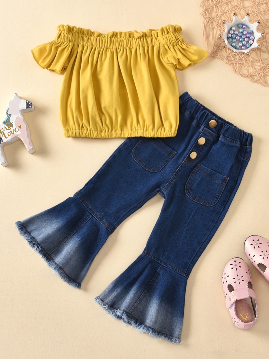 

lovely Casual Fold Design Yellow Girl Two-piece Pants Set