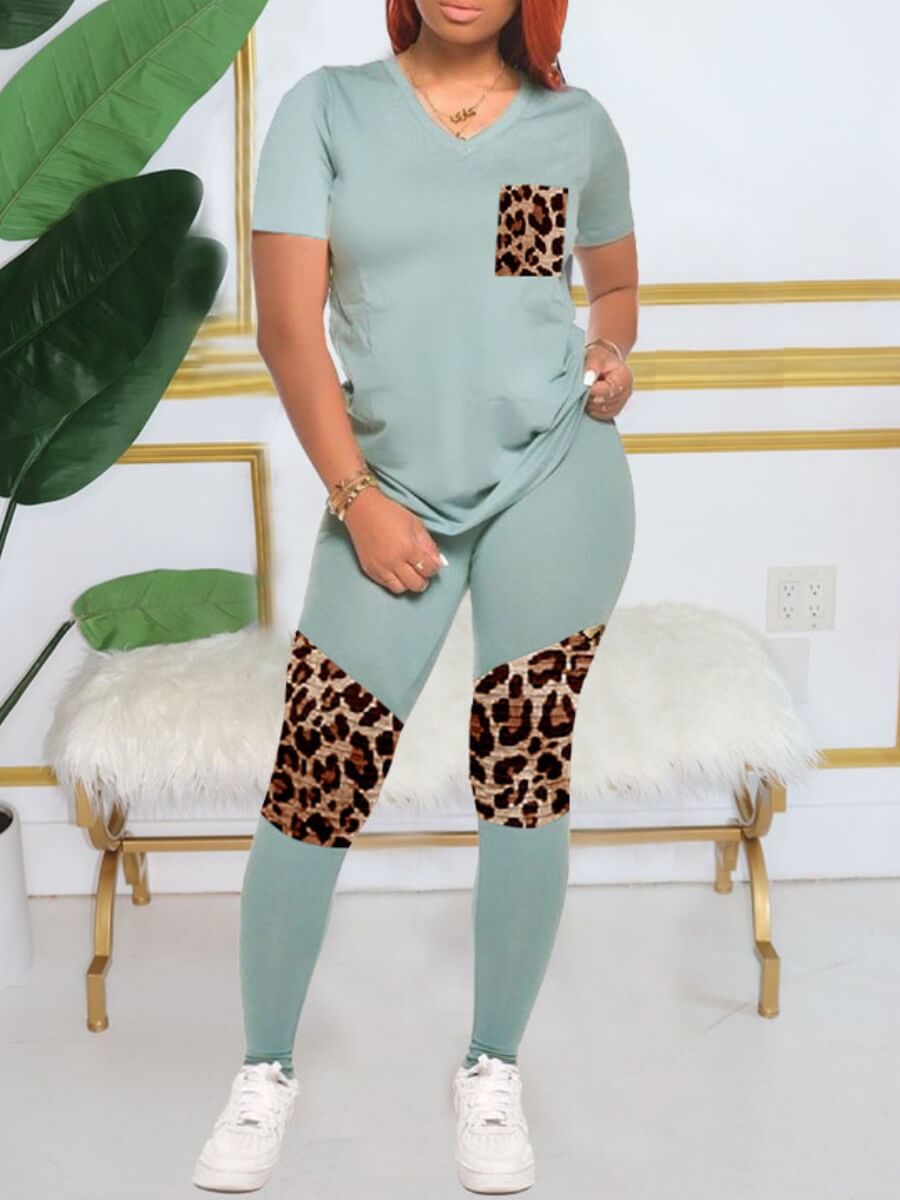 

lovely Casual V Neck Print Patchwork Blue Two Piece Pants Set
