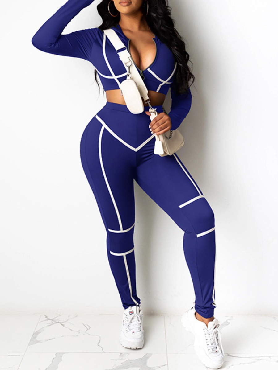 

lovely Sportswear Patchwork Zipper Design Blue Two Piece Pants Set