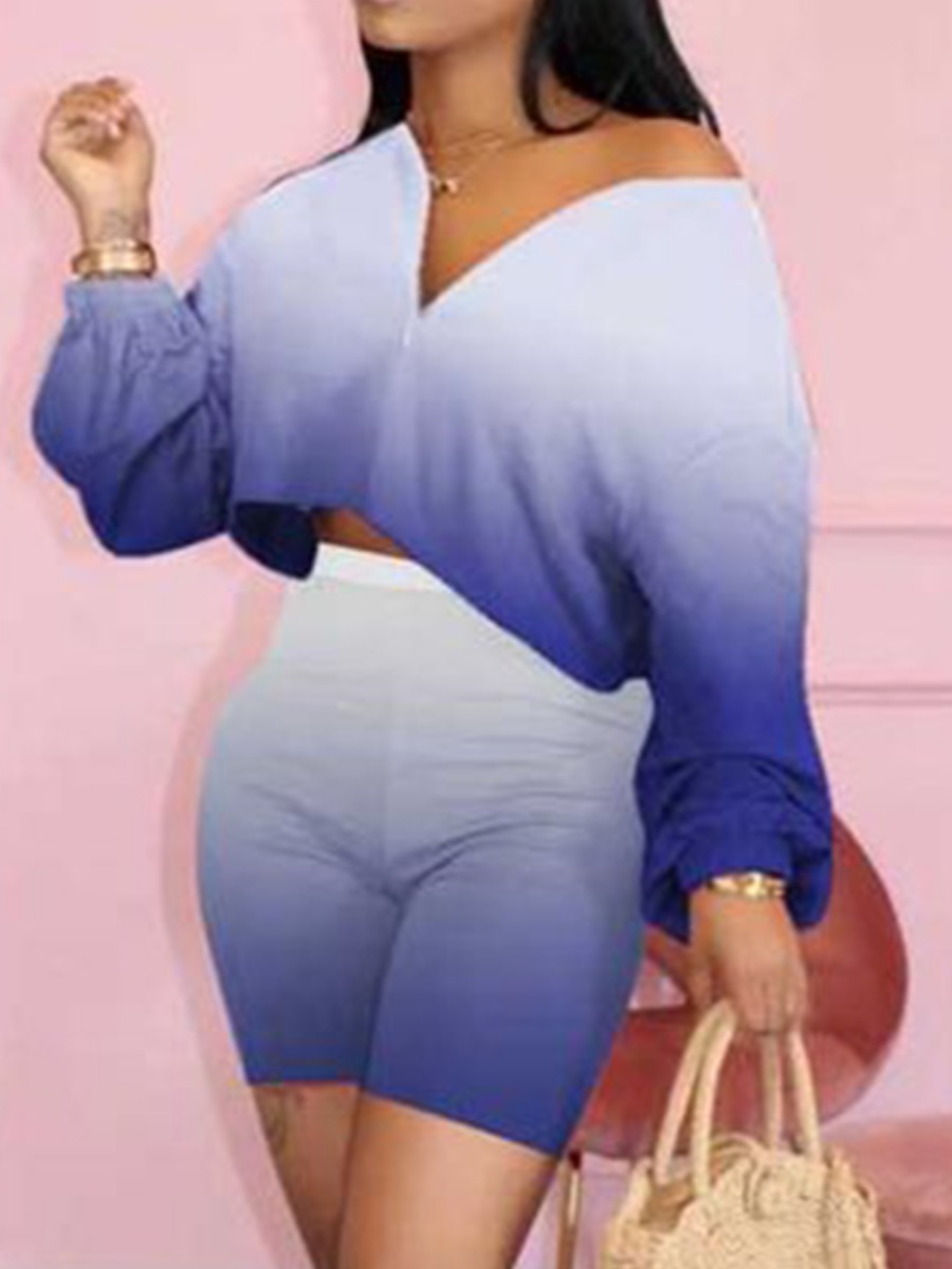 

lovely Leisure Gradient Zipper Design Purple Two Piece Shorts Set