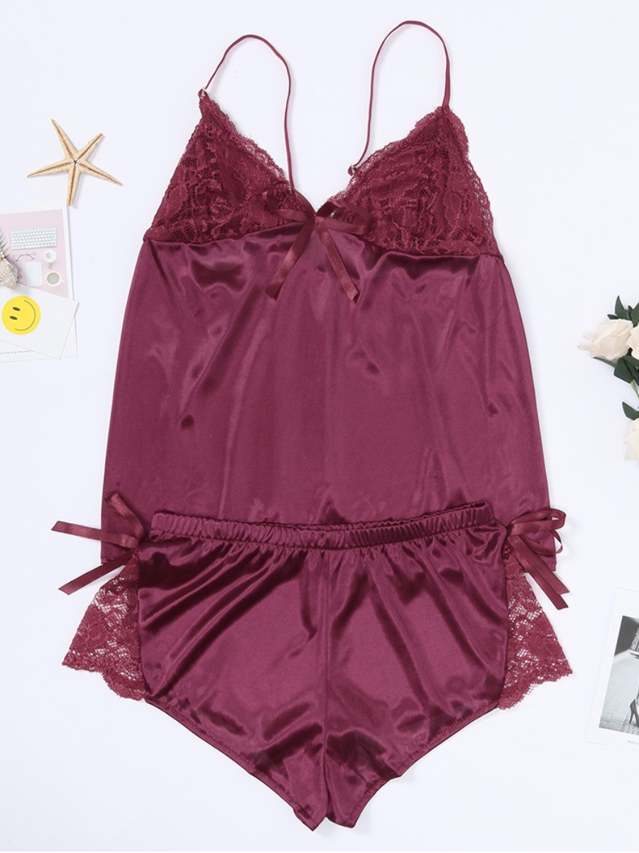 

lovely Sexy Lace Patchwork Wine Red Sleepwear