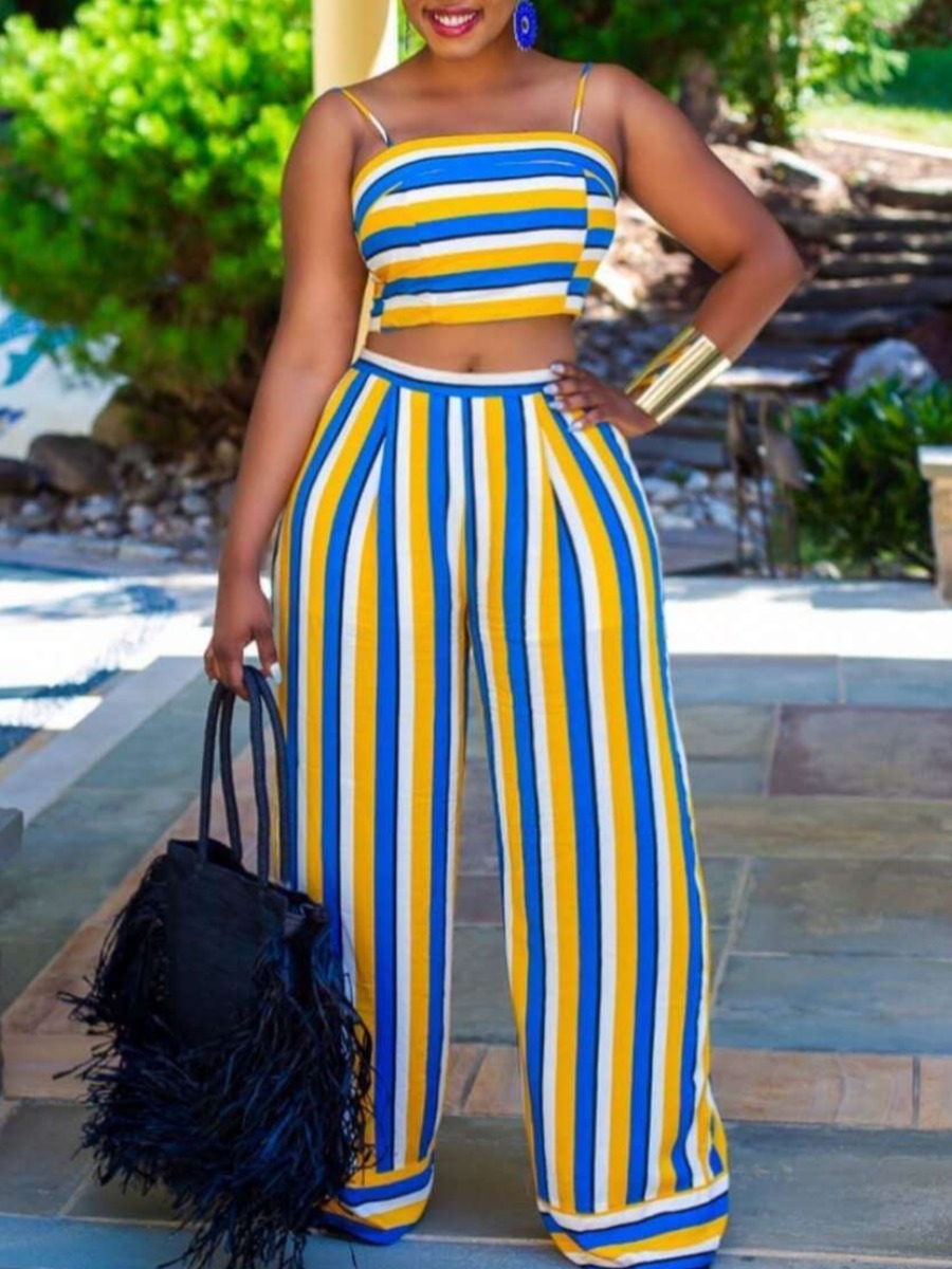

lovely Trendy Spaghetti Strap Striped Yellow Two Piece Pants Set, Yellow stripes