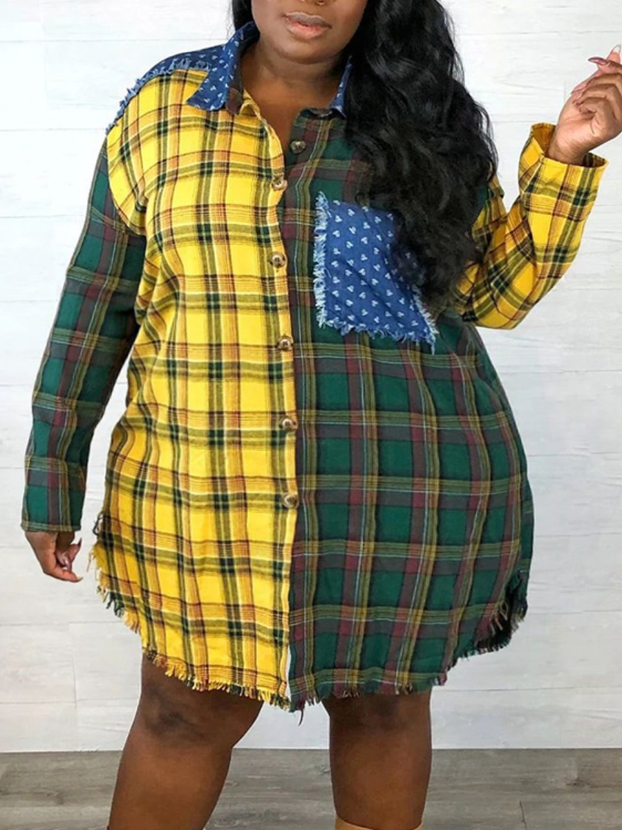 

Lovely Casual Turndown Collar Grid Print Patchwork Yellow Knee Length Plus Size Dress