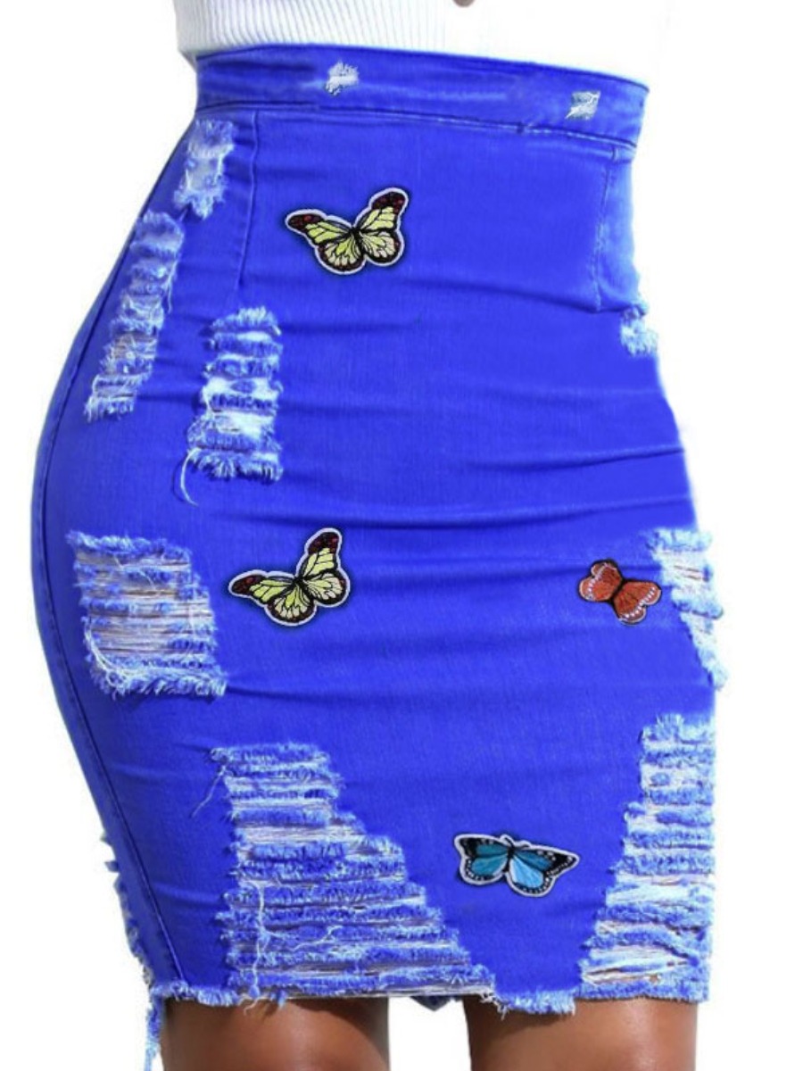 

Lovely Trendy Butterfly Broken Holes Blue Denim Skirt