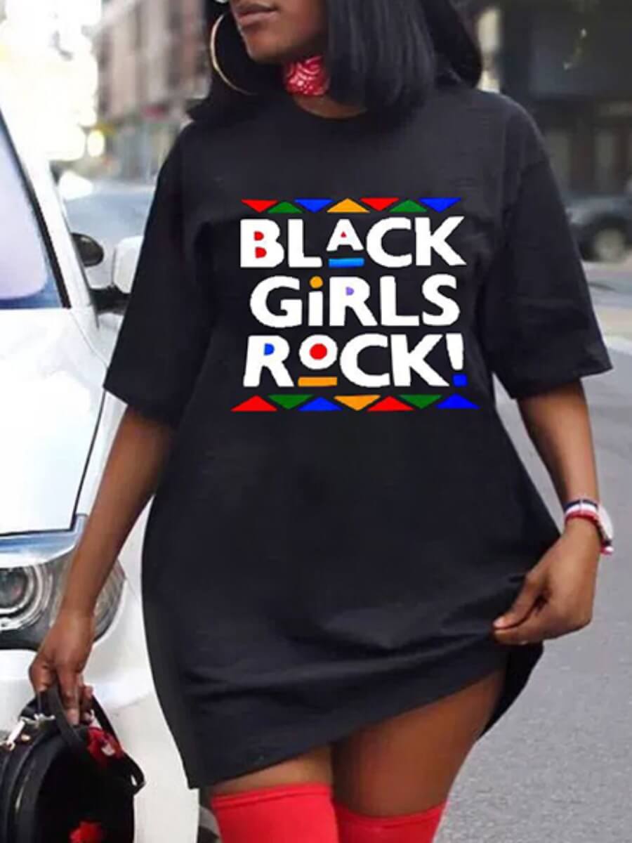 

LW Plus Size Casual O Neck Letter Print Black Mini Dress