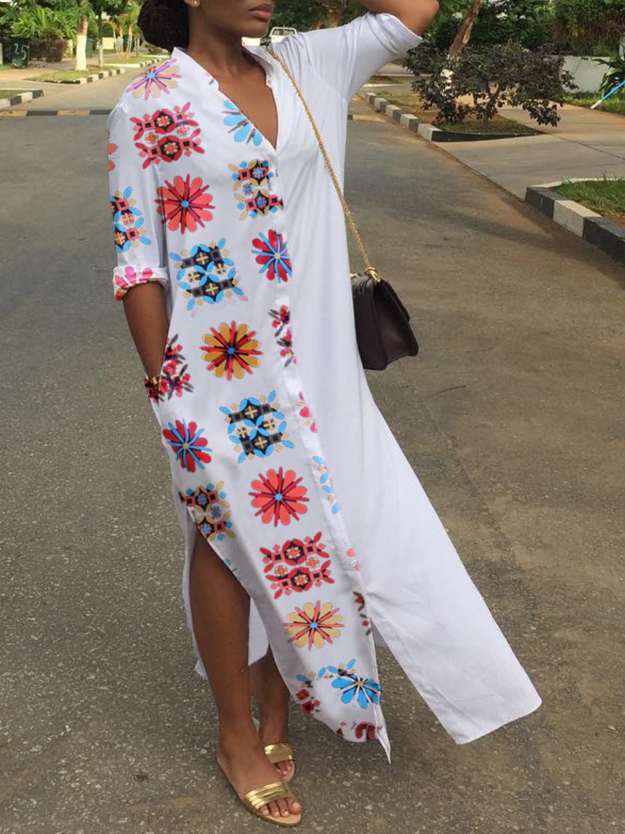 

Lovely Casual Print Patchwork White Ankle Length Dress