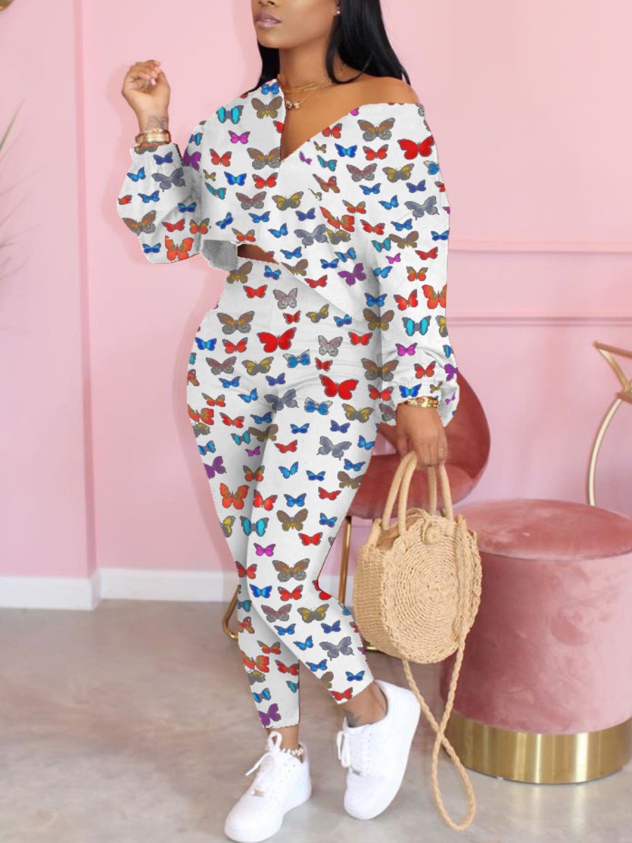 

lovely Trendy V Neck Butterfly Print White Two Piece Pants Set