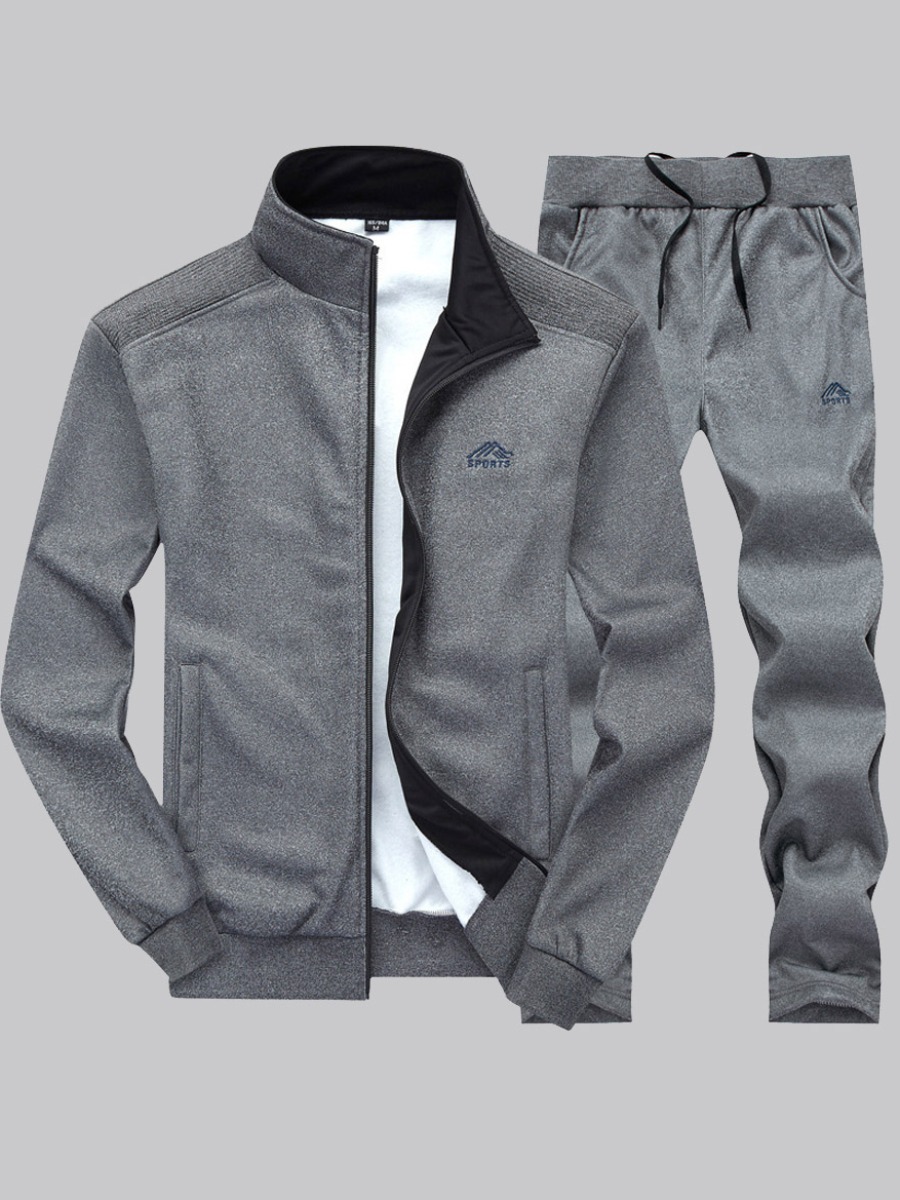 

Men lovely Sportswear Zipper Design Dark Grey Two-piece Pants Set