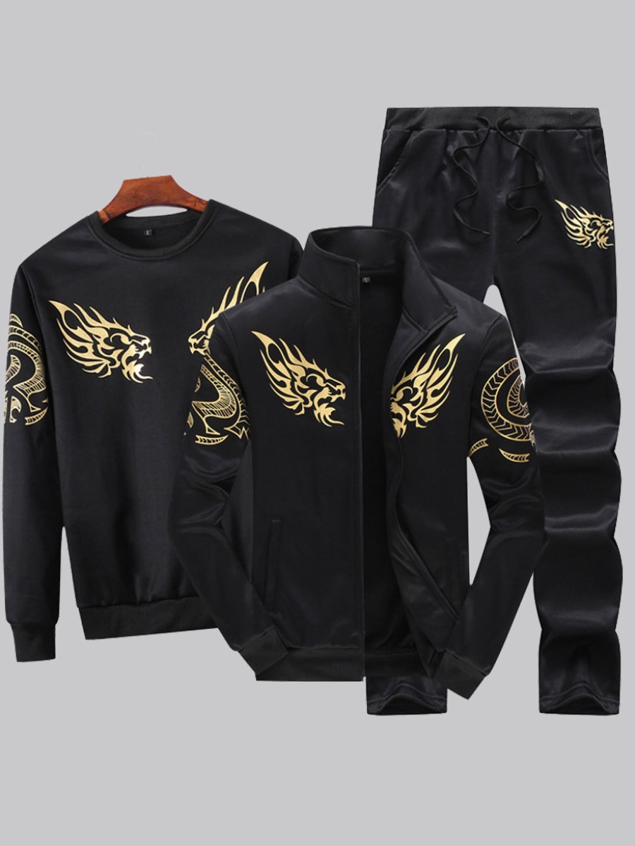 

Men lovely Sportswear O Neck Print Black Two-piece Pants Set