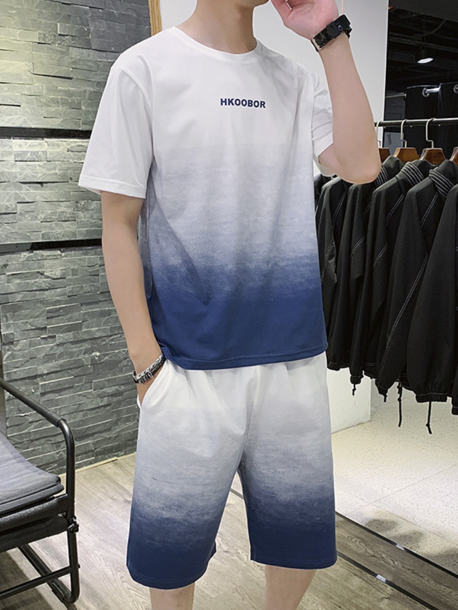 

Men lovely Leisure O Neck Gradient Deep Blue Two-piece Shorts Set