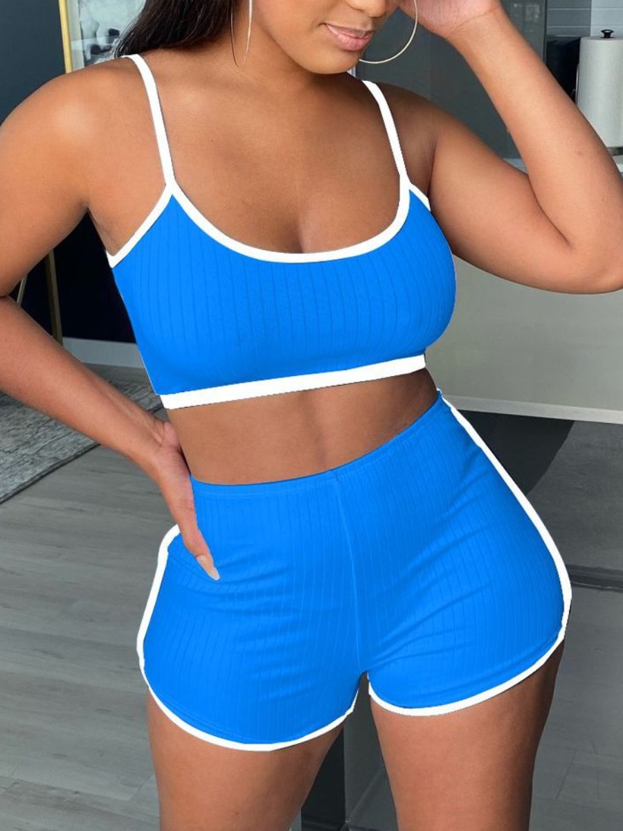 

lovely Sportswear U Neck Patchwork Blue Two Piece Shorts Set
