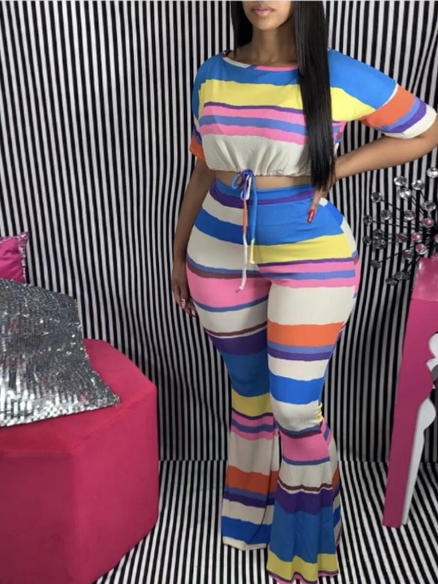 

LW Plus Size O Neck Rainbow Striped Multicolor Pants Set, Multi