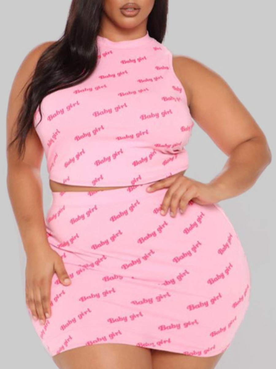 

lovely Casual Letter Print Pink Plus Size Two-piece Skirt Set