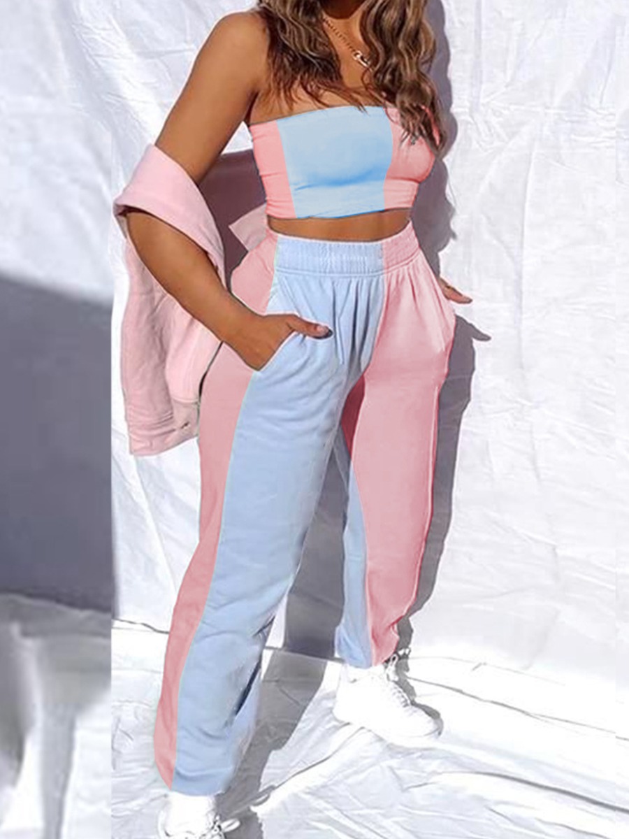 

lovely Stylish Dew Shoulder Patchwork Baby Blue Two Piece Pants Set