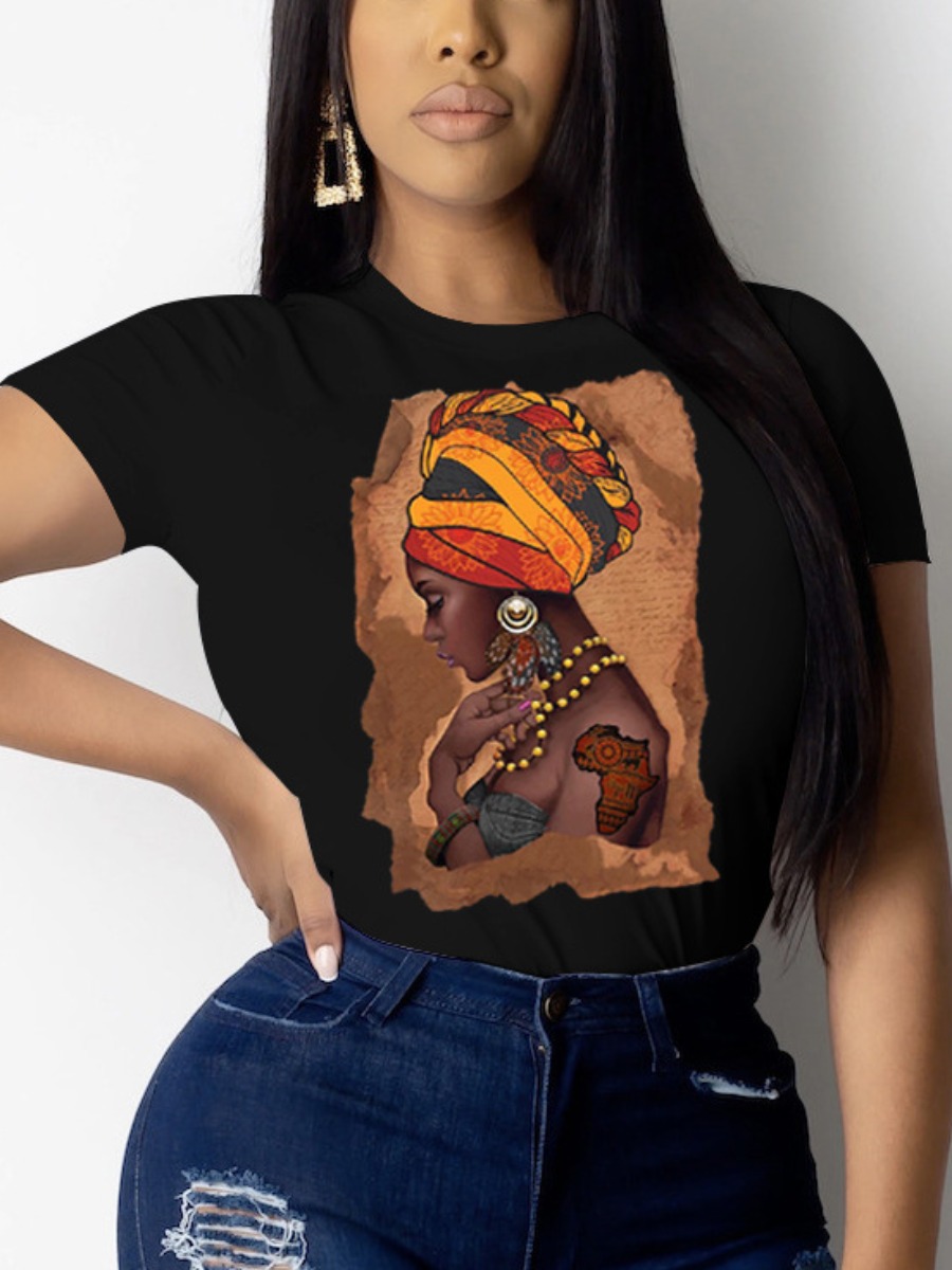 

lovely Street O Neck Print Black Plus Size T-shirt
