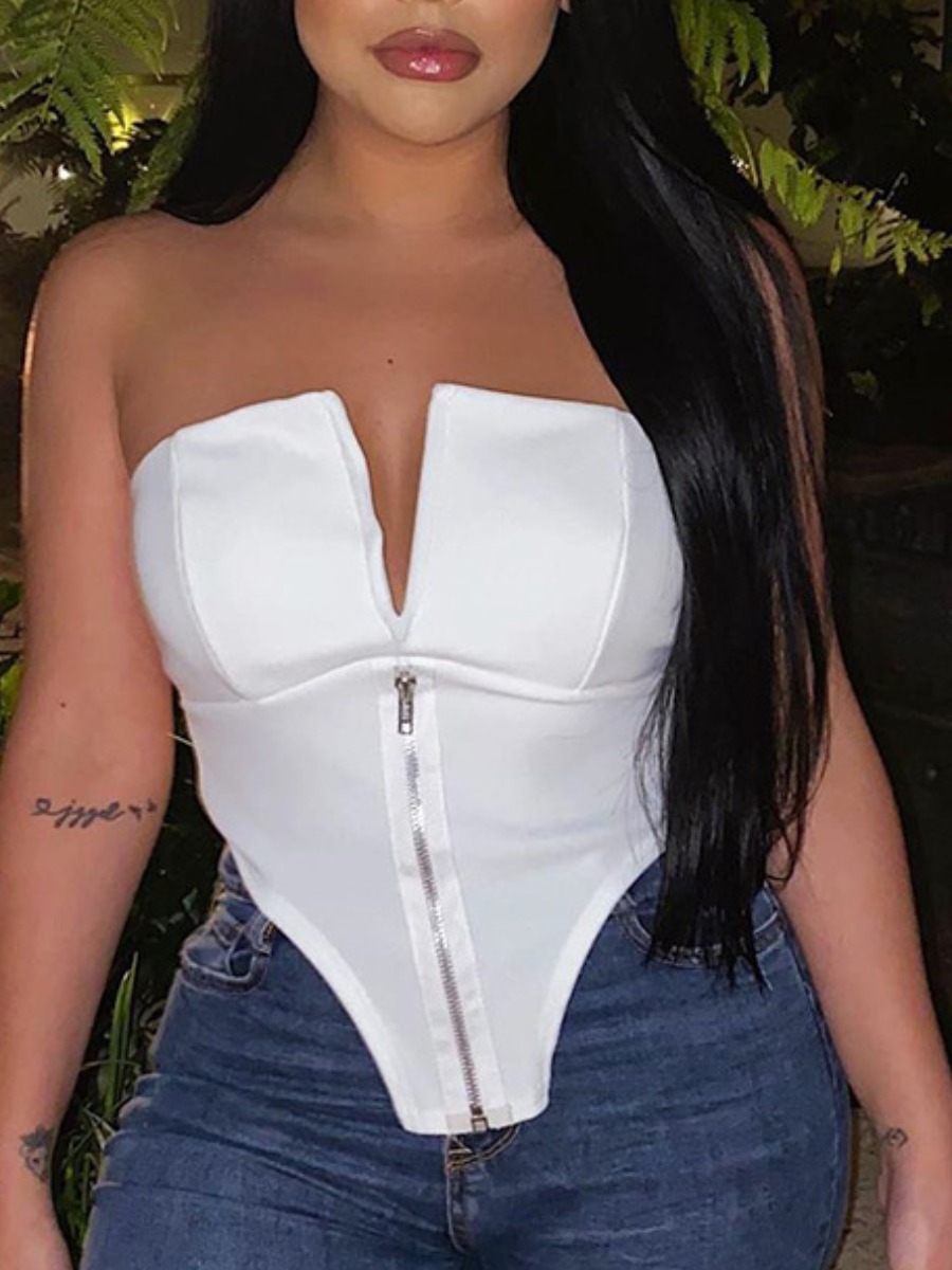 

lovely Street Zipper Design White Camisole