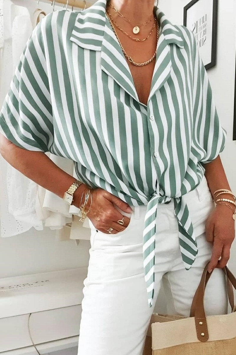 

Lovely Turndown Collar Striped Green Shirt, Green stripes