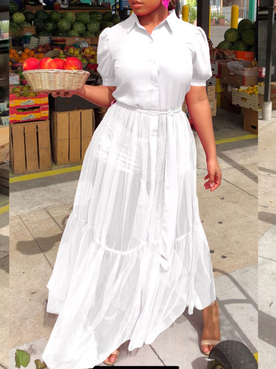

lovely Street Turndown Collar See-through White Ankle Length Dress