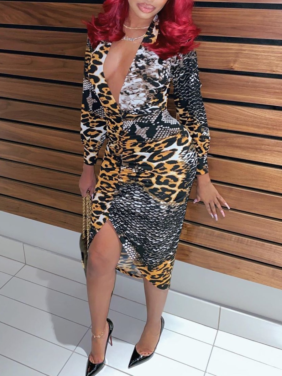 

lovely Trendy Deep V Neck Leopard Print Patchwork Knee Length Dress