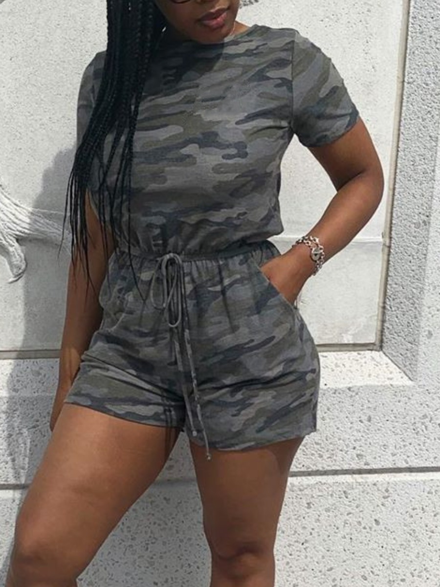 

lovely Leisure O Neck Camo Print Drawstring Grey One-piece Romper