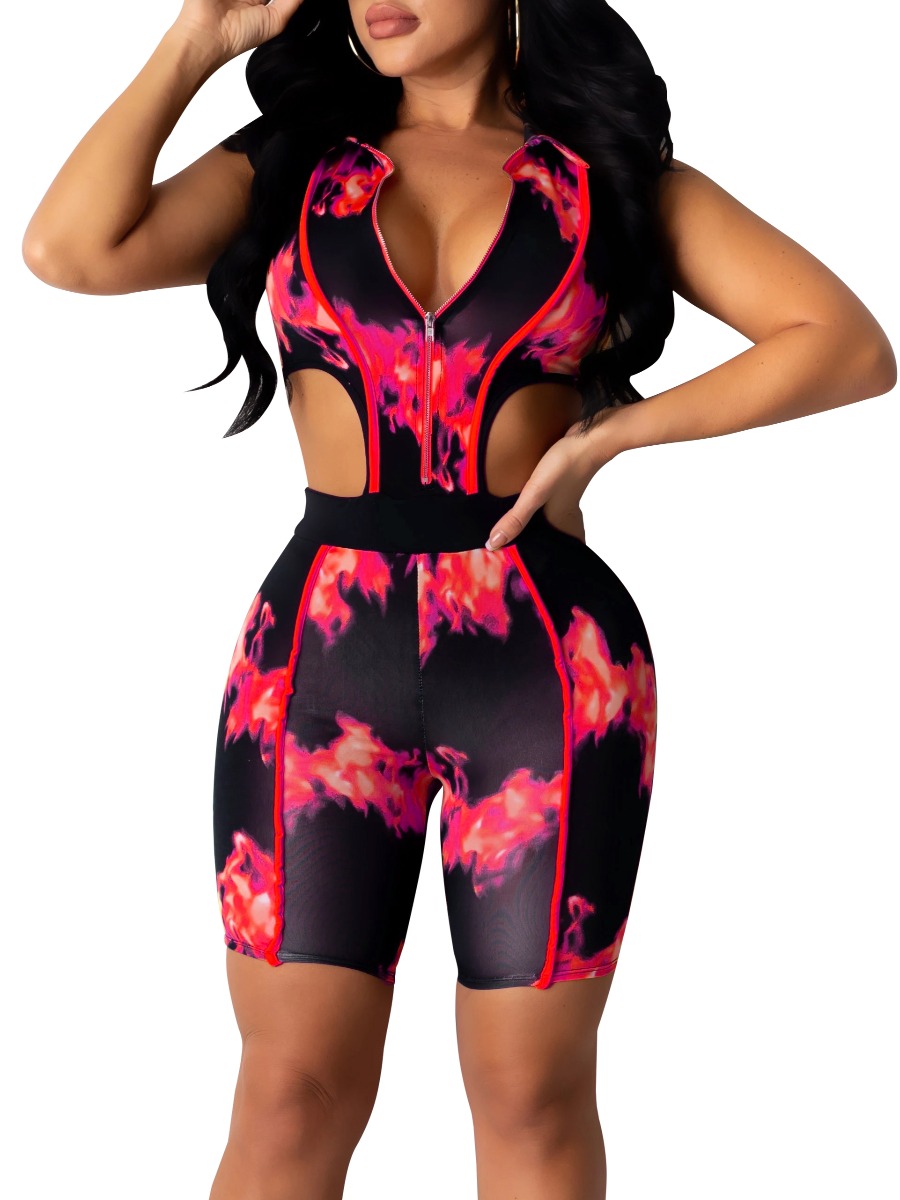 

lovely Sportswear Print Hollow-out Red One-piece Romper