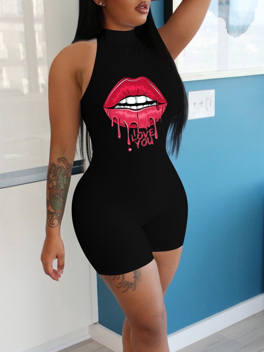 

lovely Leisure Lip Print Black One-piece Romper