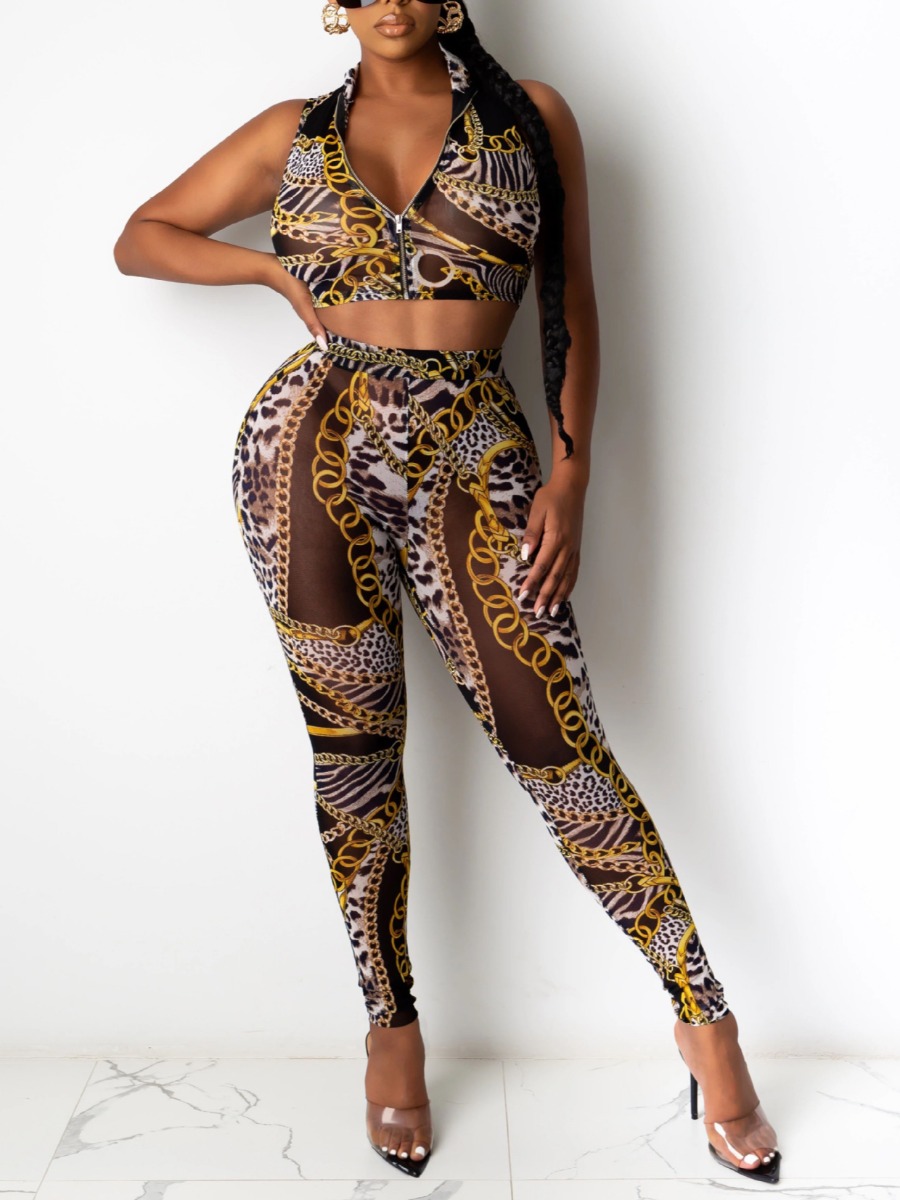 

lovely Street Sleeveless Versace Print Yellow Two Piece Pants Set