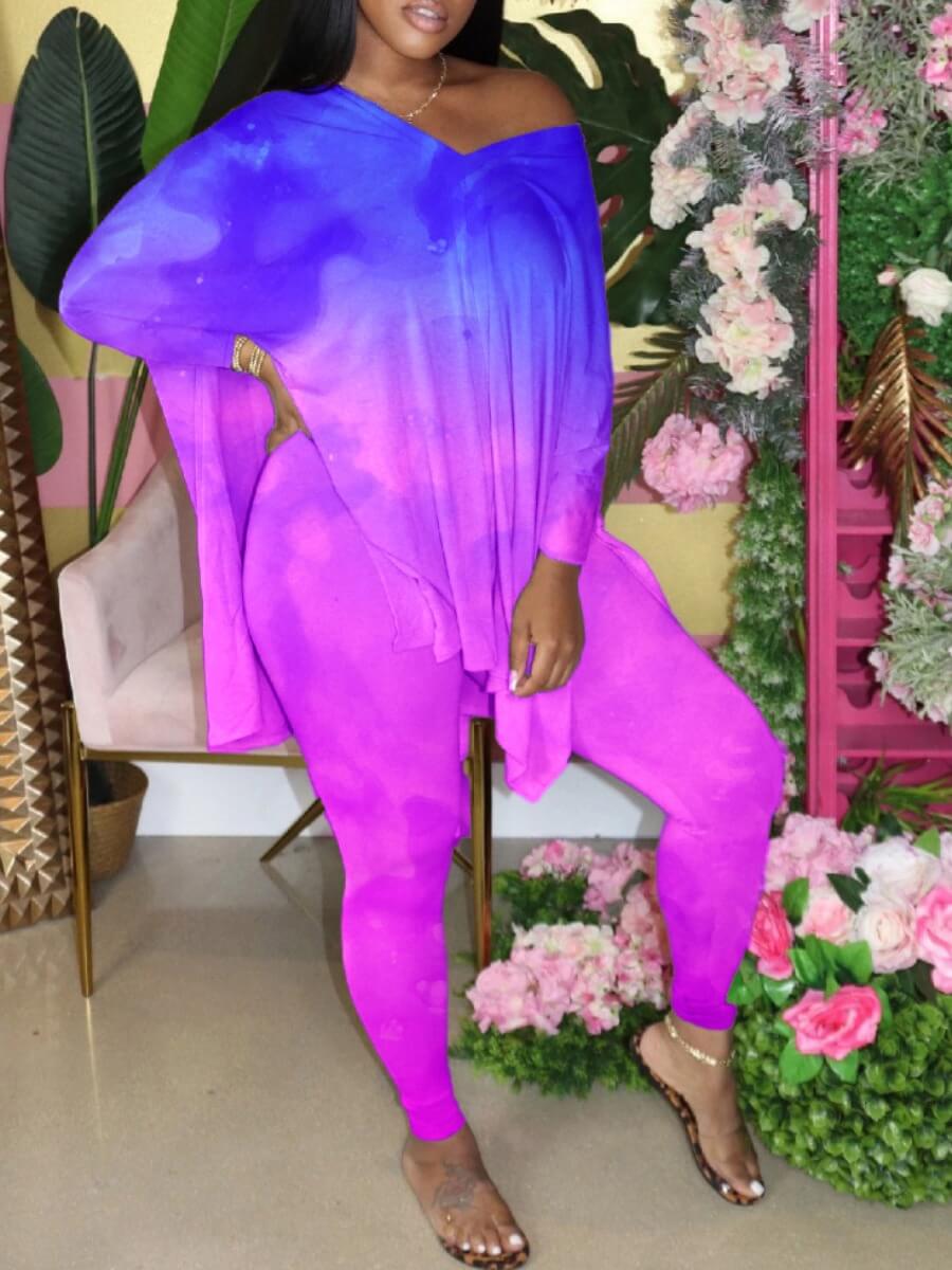 

Lovely Street V Neck Tie Dye Side Slit Purple Two Piece Pants Set