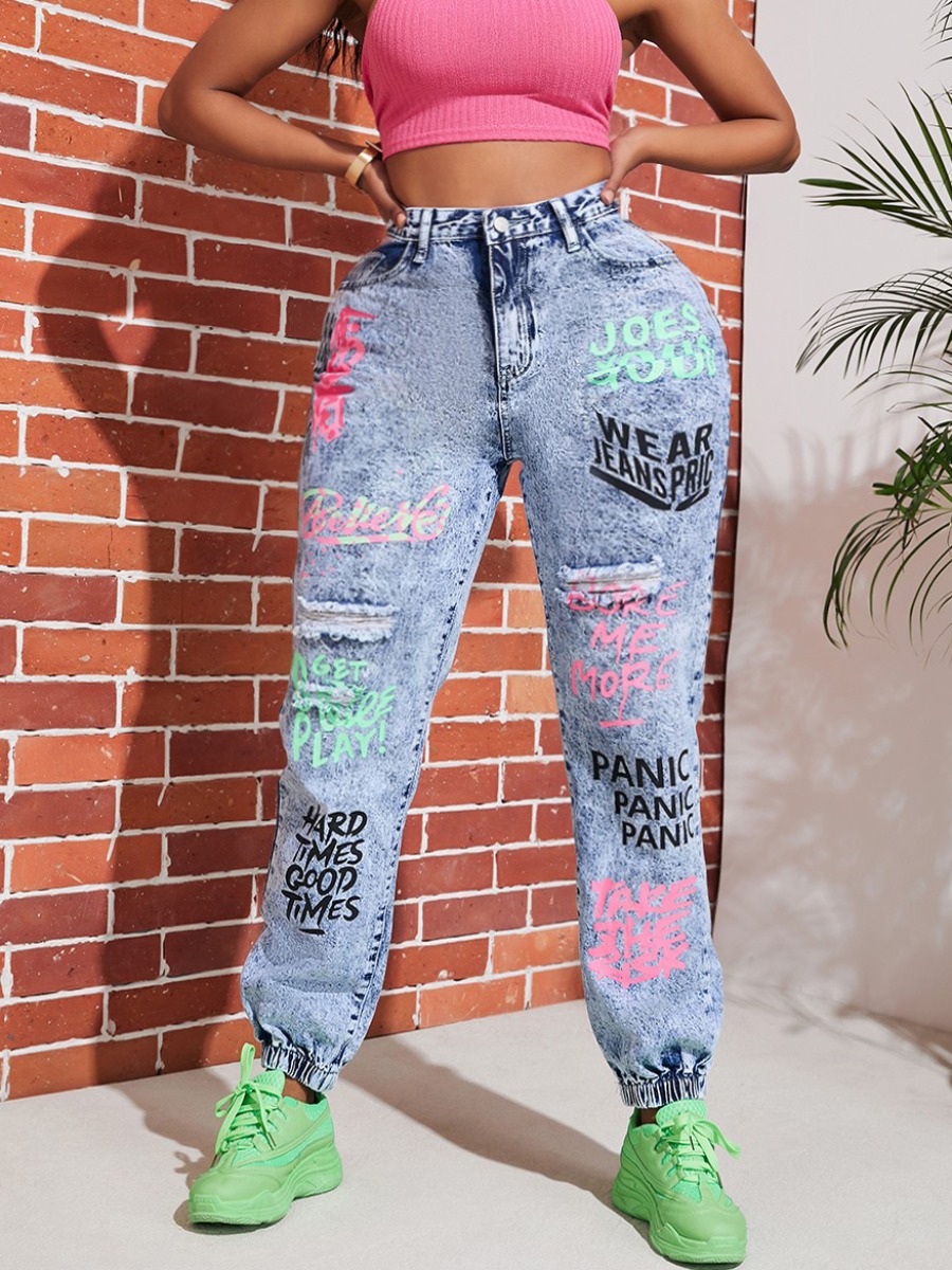

lovely Street Letter Print Broken Holes Baby Blue Jeans