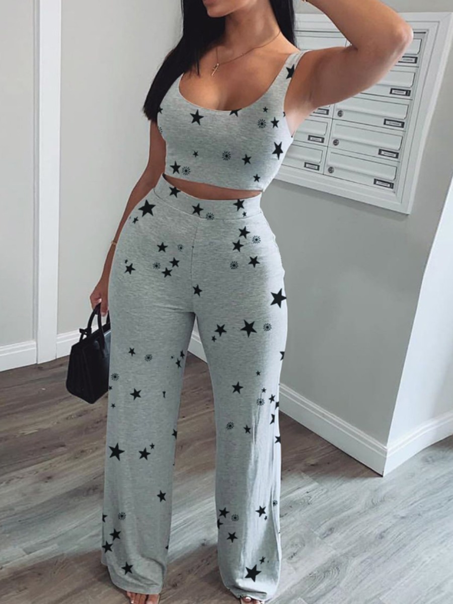 

Lovely Leisure U Neck Pentagram Print Grey Two Piece Pants Set