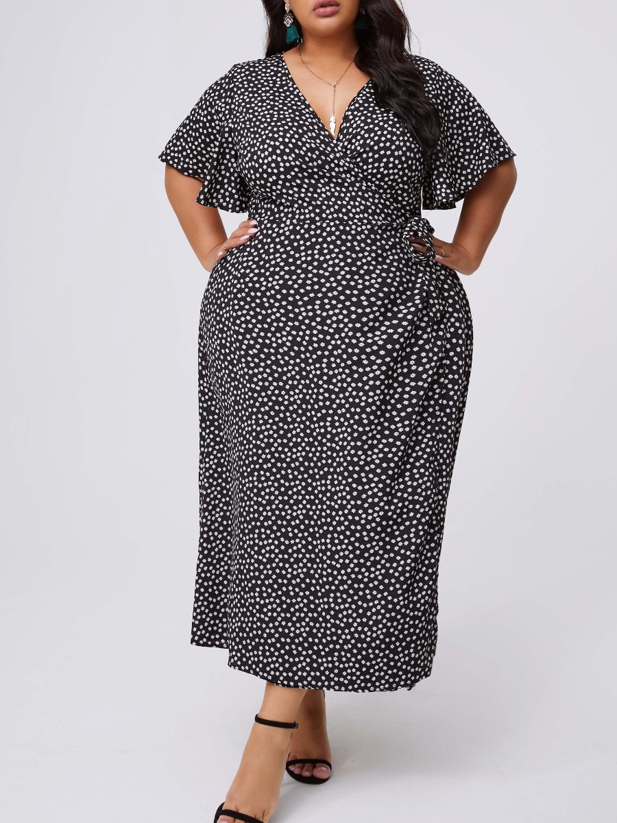 

lovely Stylish V Neck Dot Print Black Mid Calf Plus Size Dress