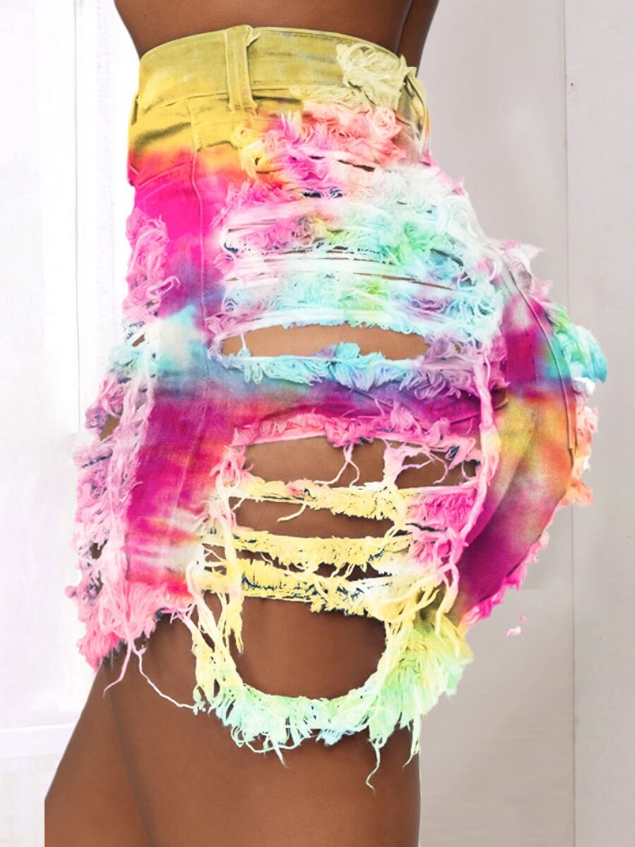 

LW Casual Tie-dye Broken Holes Yellow Denim Shorts