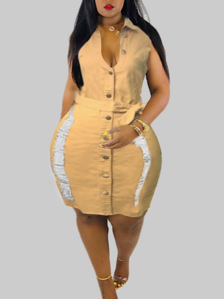 

Lovely Stylish Broken Holes Yellow Knee Length Plus Size Dress