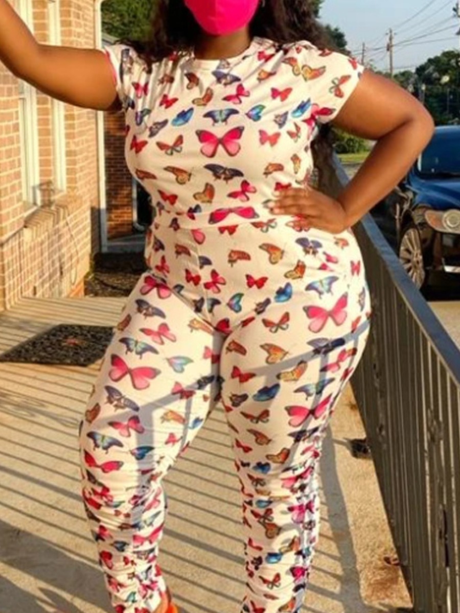 

Lovely Trendy O Neck Butterfly Print White Plus Size Two-piece Pants Set