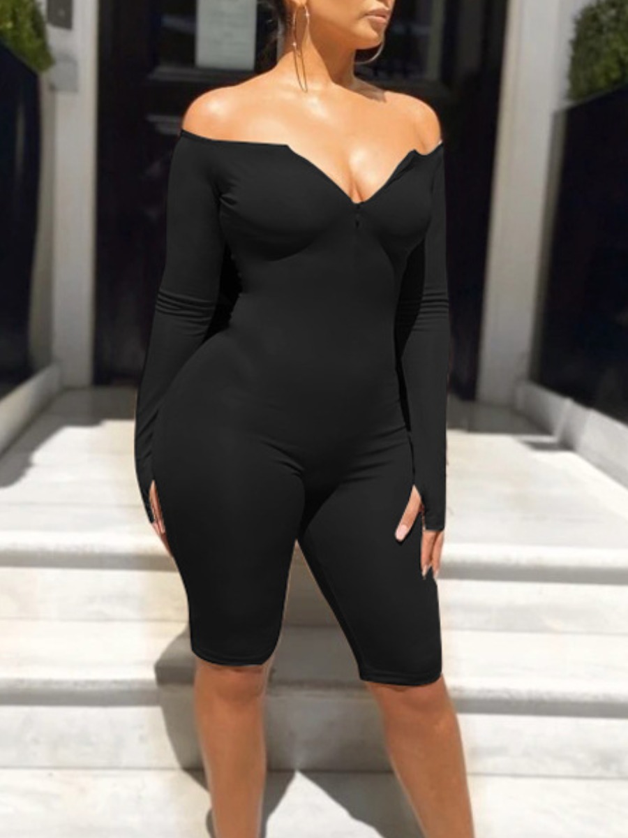 

lovely Sexy Dew Shoulder Skinny Black One-piece Romper
