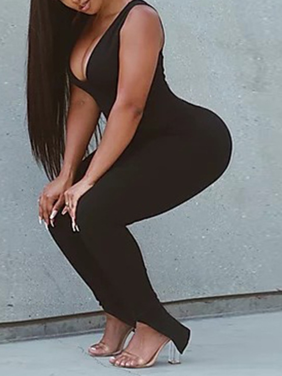 

lovely Sexy Deep V Neck Black One-piece Jumpsuit