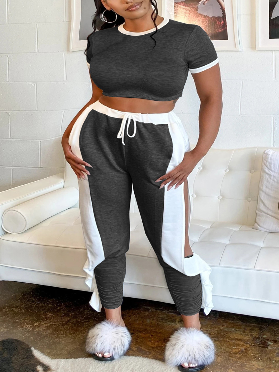

Lovely Sportswear O Neck Patchwork Hollow-o Black Two Piece Pants Set
