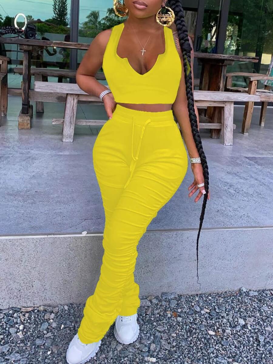 

Lovely Sexy Fold Design Skinny Yellow Two Piece Pants Set