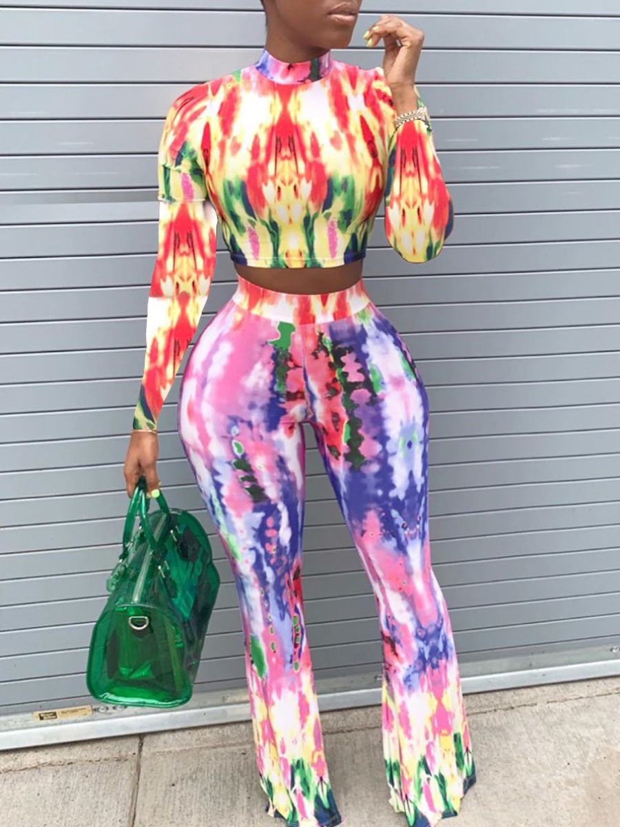 

LW Stylish O Neck Tie Dye Multicolor Two Piece Pants Set, Multi